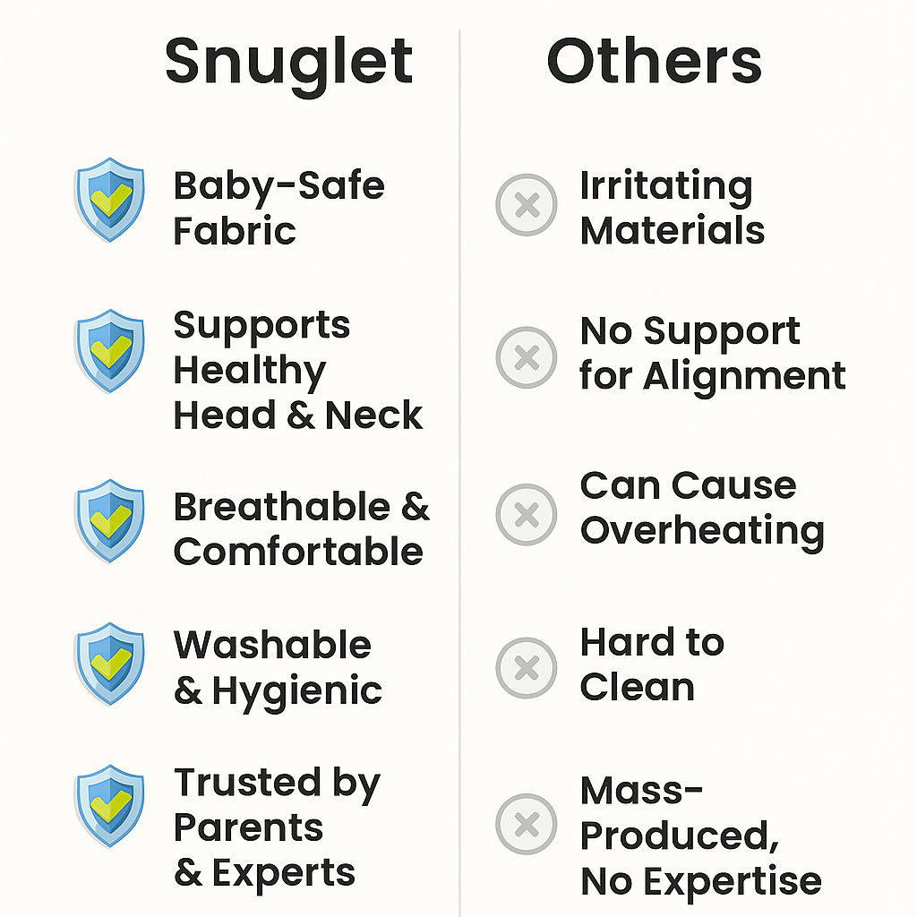 Comparison chart between 'Snuglet' and 'Others' with checkmarks and crosses on a white background.